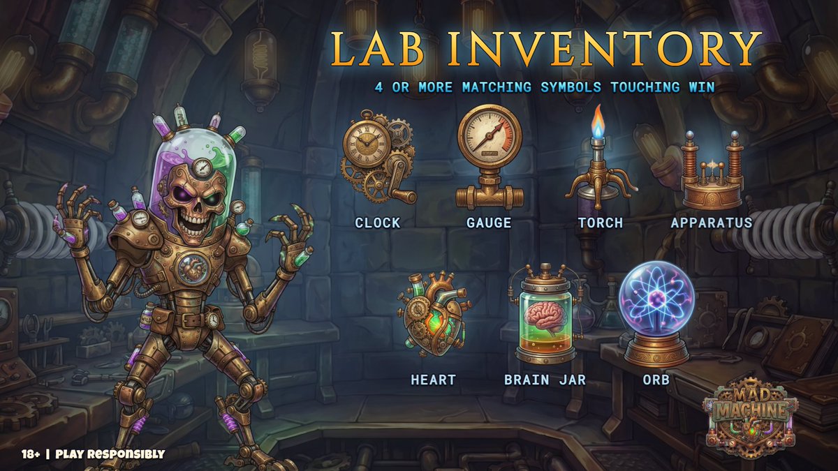 RatHoleReels's tweet photo. Inventory of the Mad Machine lab.

One clock. One gauge. One torch. Some apparatus. A heart. A brain in a jar. An orb.

Four or more of the same touching each other win. Winners clear and new ones tumble in.

I put the brain back. It was watching me.

On Stake now. 18+ https://t.co/k85cEeUBAp