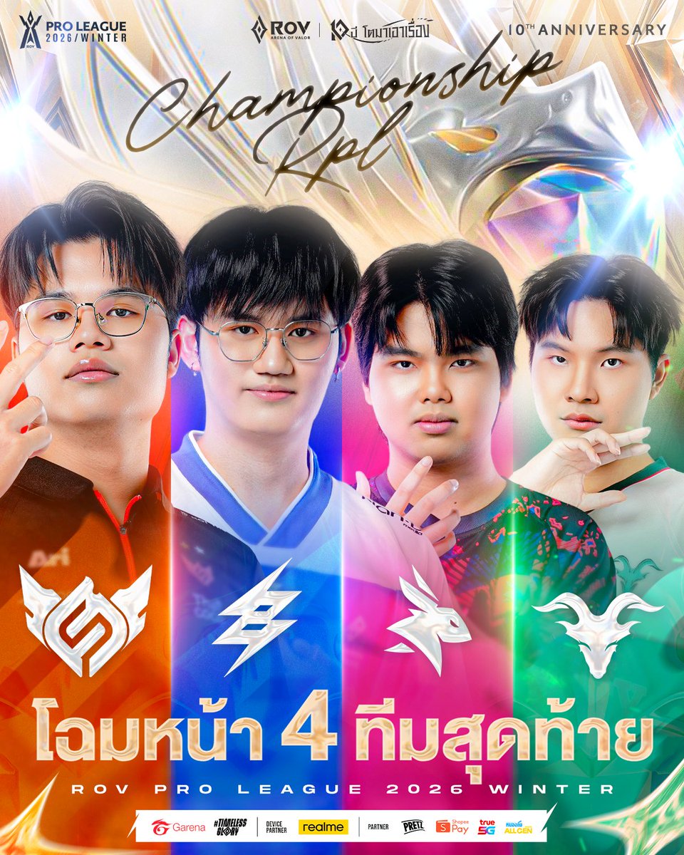 GarenaRoVTH's tweet photo. โฉมหน้า 4 ทีมสุดท้าย RoV Pro League 2026 Winter🏆
พบกันอีกครั้งในงานออฟไลน์รอบ Championship
📍23-25 ตุลาคมนี้ ที่อิมแพค เอ็กซิบิชั่น ฮอลล์ 11-12 (เมืองทองธานี)

❤️‍🔥 Full Sense
⚡ Buriram United Esports
🐰 eArena
🐐 Tenacity

───────✦❅✦───────

ตารางแข่ง 23-25 ตุลาคม (Bo7)
▪️ [23 ต.ค. 17:00] M1: FS 🆚 BRU
▪️ [24 ต.ค. 12:00] M2: EA 🆚 TEN
▪️ [24 ต.ค. 18:00] M3: ผู้แพ้ M1 🆚 ผู้ชนะ M2
🏆 [25 ต.ค. 18:00] ชิงแชมป์ : ผู้ชนะ M1 🆚 ผู้ชนะ M3

#RPL2026Winter #TimelessGlory #RoV