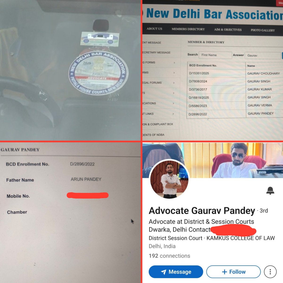 chayisquerajnit's tweet photo. भाजपा के गुंडों वाली गाड़ी के मालिक की मिल गई जानकारी: जो दिल्ली पुलिस नहीं कर पाई, वह हमने कर दिया

जिस गाड़ी में डंडे भरकर लाए गए थे, उसे दिल्ली पुलिस ने तो नहीं रोका। लेकिन हमने सोचा, दिल्ली पुलिस काम नहीं करेगी, तो थोड़ी मेहनत हम ही कर लेते हैं, ताकि सच सामने आ सके।

गाड़ी का नंबर आप पिछली पोस्ट में देख चुके हैं: UP 14 HA 4945। UP 14 गाज़ियाबाद RTO का कोड है। RTO रिकॉर्ड के मुताबिक यह गाड़ी 21 जनवरी 2026 को रजिस्टर हुई थी, यानी करीब आठ महीने पहले। रिकॉर्ड में मालिक का पूरा नाम नहीं था, सिर्फ “G****v P****Y” लिखा था, जिससे समझ आ गया कि नाम गौरव पांडे है।

गाड़ी के आगे "नई दिल्ली बार एसोसिएशन" और "पटियाला हाउस कोर्ट" का स्टिकर लगा है। इसलिए हमने बार काउंसिल ऑफ दिल्ली (BCD) के रिकॉर्ड में "गौरव" नाम खोजा। वहां इस नाम के 6 वकील मिले। इनमें से एक गौरव पांडे का नाम पटियाला हाउस कोर्ट से जुड़ा मिला। उनका BCD Enrollment No., यानी बार काउंसिल ऑफ दिल्ली की ओर से वकीलों को दिया जाने वाला पंजीकरण नंबर, D/2896/2022 है। जब हम उनकी प्रोफाइल में आगे गए, तो पूरी जानकारी सामने आ गई। उनका नाम गौरव पांडे है, पिता का नाम अरुण पांडे है और जन्मतिथि 25 सितंबर 1993 है। उन्होंने 2020 में LLB पास की। वकालत का लाइसेंस उन्हें 13 मई 2022 को मिला, जो 31 मार्च 2032 तक, यानी लगभग 10 साल के लिए वैध है।

बार काउंसिल के रिकॉर्ड में एक मोबाइल नंबर भी दर्ज है, जिसे हम सार्वजनिक नहीं कर रहे। लेकिन दिलचस्प बात यह है कि यही नंबर गाड़ी खरीदते समय इस्तेमाल हुआ था, और यही नंबर उनकी लिंक्डइन प्रोफाइल पर भी है। यानी तीनों जगह एक ही नंबर। इससे साफ है कि जिस गाड़ी का इस्तेमाल इस "बड़े काम" में हुआ, वह इन्हीं महानुभाव के नाम पर है।

लिंक्डइन प्रोफाइल के मुताबिक, जहां से तीसरी फोटो में लगी इनकी तस्वीर ली गई है, गौरव पांडे द्वारका ज़िला सेशन कोर्ट और पटियाला हाउस कोर्ट में वकालत करते हैं। ये सिविल मामलों के वकील हैं। प्रोफाइल पर इनकी आठ अलग-अलग स्किल दिखाई गई हैं: फैमिली लॉयर, कॉरपोरेट लॉयर, बिज़नेस लॉयर और न जाने कितने प्रकार के वकील। पढ़ाई दिल्ली यूनिवर्सिटी से की है, और गाज़ियाबाद के KAMKUS कॉलेज ऑफ लॉ के छात्र भी रहे हैं।

कुल मिलाकर, वकील साहब एक महान व्यक्ति हैं, जिन्होंने अपनी गाड़ी इस तरह "दान" कर दी। गौरव पांडे खुद उस दिन गाड़ी में थे या नहीं, यह कौन जाने। लेकिन गाड़ी वही है, जिसमें भाजपा के गुंडे डंडे लेकर बैठे थे, और जिसे दिल्ली पुलिस ने खुलवाया तक नहीं।

हमने दिल्ली पुलिस का काम आसान कर दिया है। अगली बार पत्रकारों को धक्का देने के बजाय दिल्ली पुलिस यह सुनिश्चित करे कि आने वाली गाड़ियों की ठीक से जांच हो, ताकि उनमें डंडे या हाथ में पहनने वाले लोहे के रिंग न आ सकें, जिनसे किसी की जान भी जा सकती है। अगर उस दिन गाड़ी वहीं खुलवा ली जाती, तो आज दिल्ली पुलिस की ऐसी फ़ज़ीहत नहीं होती।

दिल्ली पुलिस को बाबा खड़क सिंह मार्ग और आसपास के सारे CCTV कैमरे खंगालने चाहिए, अगर वे चालू हैं। पिछली बार पुलिस ने दावा किया था कि उसने इन्हीं कैमरों से कई अपराधियों को पकड़ा। तो इस बार भी पकड़ लीजिए। गाड़ी का नंबर, मालिक का नाम, तारीख, जगह, सब हमने आपके सामने रख दिया है।

मैं देश के वरिष्ठ वकीलों, @KapilSibal और @DrAMSinghvi से भी अपील करता हूं कि इस मामले को हाईकोर्ट या सुप्रीम कोर्ट तक ले जाएं। यह पूछा जाना चाहिए कि जब पत्रकार मौके पर चिल्ला-चिल्लाकर कह रहे थे कि गाड़ी में डंडे हैं, तब दिल्ली पुलिस ने गाड़ी क्यों नहीं खुलवाई।

धन्यवाद।

@Pawankhera 
@RahulGandhi 
@INCIndia 
@whattalawyer @abhijeet_dipke @Cockroachisback @AshutoshRanka @ashutosh83B @ravish_journo 
@udayfromearth