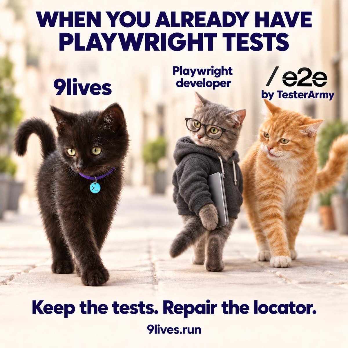 QualityMaxApp's tweet photo. When you’ve got 900 #Playwright tests and someone suggests another framework.

I just want my locators fixed 😭

That’s why we’re building #9lives: repair the locator, keep the assertions, re-run the spec.

What’s the smallest UI change that wrecked your suite? https://t.co/1X43H0ychW