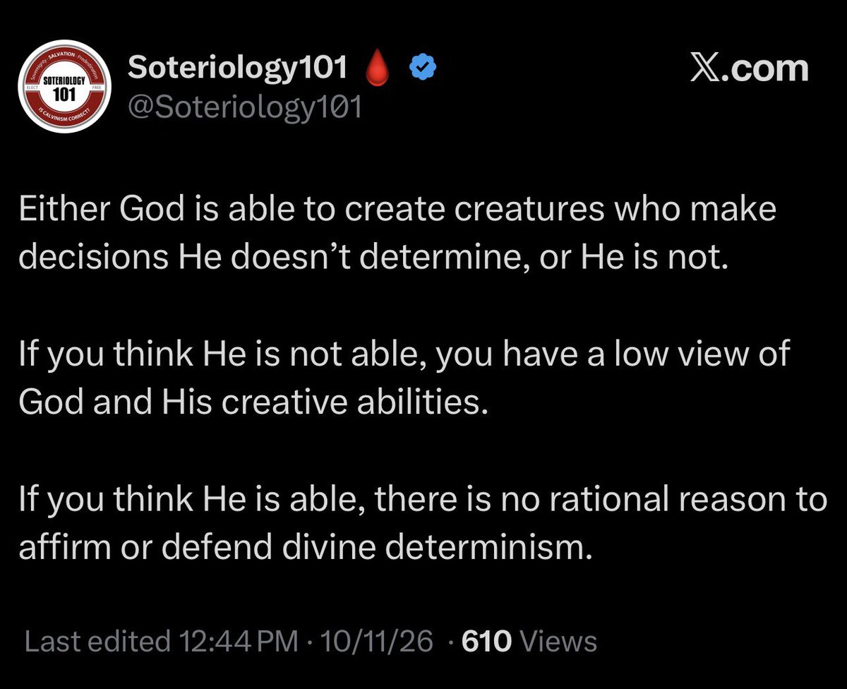 TurretinFan's tweet photo. Since the “If God can’t make a rock so big he can’t move it…” form of argument keeps resurfacing, despite the refutation, let’s provide the refutation.

The ultimate reason for that which exists or occurs goes back to God the Creator and Preserver.  

Nothing except God has self-existence. That’s the Creator-Creature distinction. 

God can and does create free creatures, as well as plants, planets, stars, etc.  However, creaturely freedom is relative. Plants have life that rocks don’t have. Animals have freedom of movement that plants lack. Humans and angels have even more freedom than animals. But all of this freedom is freedom relative to the creation, not freedom from the Creator.

The ultimate reason for your continued existence from moment to moment, is God willing it to be so. You are free in many ways, but you are not self-existent.  

You can deny that God determines everything, and folks like @Soteriology101 do exactly that, but you cannot escape the fact that God knows in advance what you plan to deny and could prevent you from doing so, not by overpowering you, but simply by withdrawing his permission that you continue to exist.

You might object that there are folks who believe that God decides everything that will happen, but that God does so without determining it.  Ultimately, this objection comes down to an important nuance as to the precise scope of what “determine” means. 

Ultimately, though, the idea of God creating a being that in any way doesn’t depend on God for its very existence, much less its action, is not a high view of God’s creative ability, it’s just a fundamental error regarding the Creator-Creature distinction.