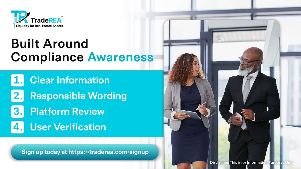 traderea_'s tweet photo. Compliance awareness helps create a more responsible platform experience.

TradeREA focuses on clear information, responsible wording, platform review, and user verification so users can better understand the process before moving forward. A structured journey helps reduce confusion and supports a more transparent digital real estate experience.

Sign up today: https://t.co/SNUsn5cldw