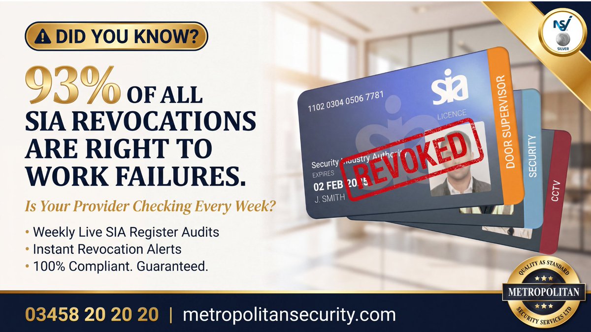 MetropolitanSS2's tweet photo. DID YOU KNOW?

🛡️ As a security buyer, the compliance of your supply chain could be at far greater risk than you realise.

📊 Recent data from the Security Industry Authority (SIA) reveals a staggering statistic: https://t.co/LT7AdR9NfZ