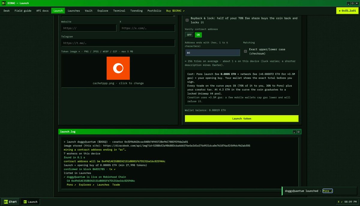 rayanemadeit's tweet photo. Tried @DiracDesk tonight: $DOGQ launched on Robinhood Chain with a custom CA, one transaction, was live on Pons instantly https://t.co/ZRrvkOUe4a