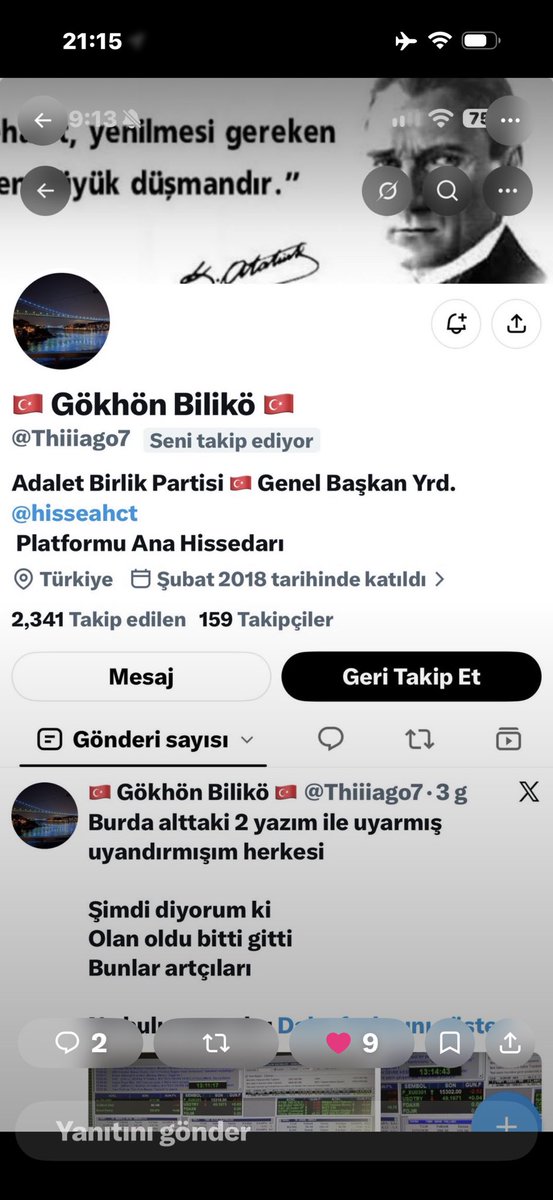 gokhanbilik1's tweet photo. 220 den fazla Taklit hesap ❗️
türedi 

Sizi korumak adına 

kendi hesabımdan kimseyi takip etmeme kararı almıştım 
böylece size takip isteği yollamadığım ya da sizi takip edenin ben olmadığım anlaşılır diye umuyordum 

Bu nedenle benim hesabım 
Sadece 21 hesabı takip ediyor

Direk mesaj kimseye yazmam 
Size benden mesaj geldiğini düşünerek sakın ama sakın cevap vermeyin 

Kendi uygulamam HisseChat 
#hissechat @HisseChat hariç 

başka bir yerde olmam 

Sahte hesaplardan 2 tanesi ektedir 

Anlayışınız için teşekkür ederim 

Gökhan Bilik 🇹🇷 Adalet Birlik