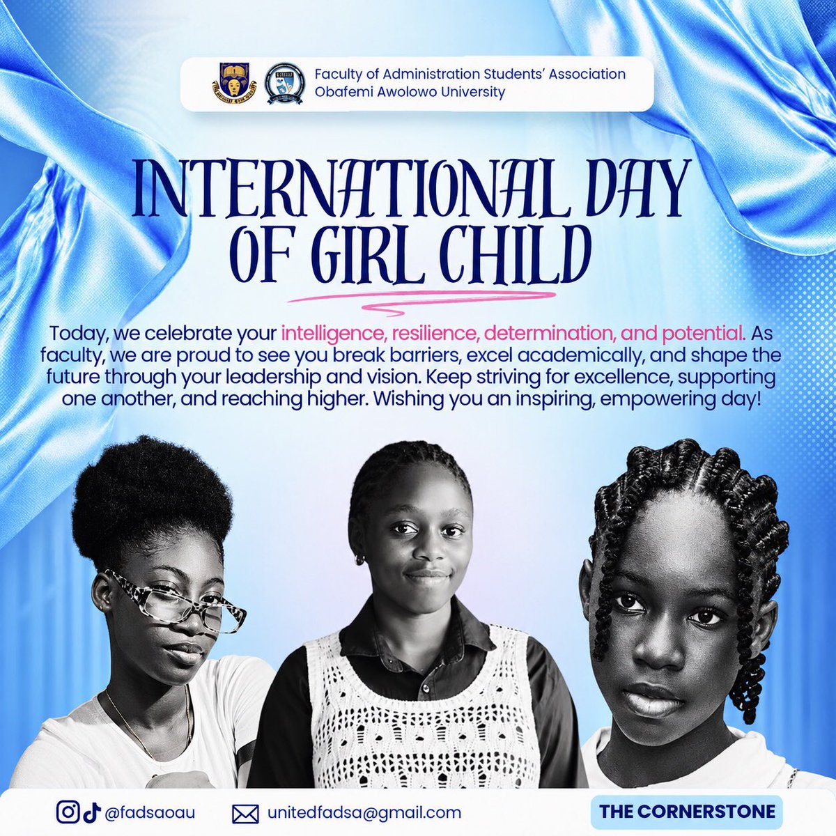 unitedfadsa's tweet photo. Today, we celebrate the strength, intelligence, resilience, and limitless potential of every girl child in the Faculty of Administration🌸✨ https://t.co/EqEzeQi0yq
