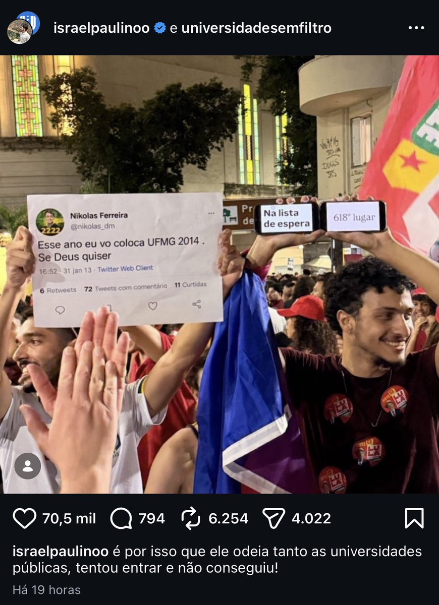 ivanilit's tweet photo. 70k de like no Insta, minha mãe tá cagando de medo do Nikolas ir pessoalmente me expulsar da UFMG https://t.co/SH5yVvbkQ6