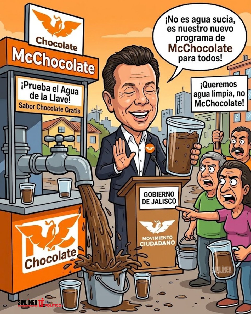 SinLinea_Mx's tweet photo. 🚨 ¡EXCLUSIVA! 🚨 ¿Agua sucia? ¡Para nada! 

En Jalisco ya tienen McChocolate directo de la tubería, patrocinado por Movimiento Ciudadano. 🍊💦🤎

Mientras la gente de Jalisco exige buena calidad del agua, la respuesta oficial es la de siempre: negar, negar y volver a negar. 

El "sabor del cambio" resultó ser bastante espeso y de muy mal gusto. 🤮

#Jalisco #PabloLemus #MC #AguaSucia #LaGranNegacion #HumorPolitico #DenunciaCiudadana