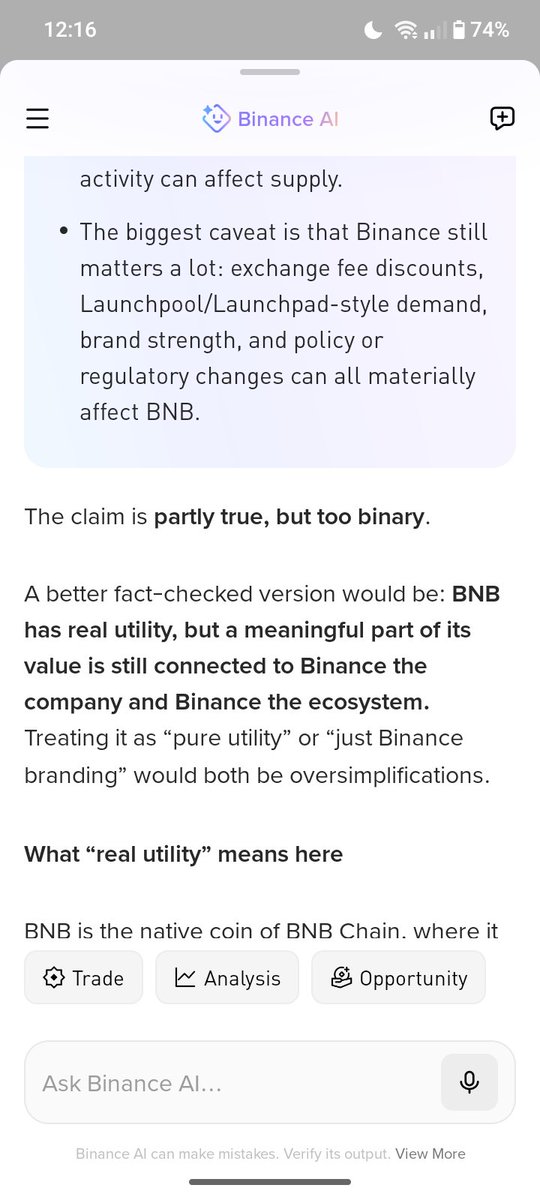 Saiyed_Islam0's tweet photo. @binance Hot take: BNB is valuable for both reasons — real utility and Binance. Saying it’s only one is lazy analysis.
 
Answer:
BNB has actual utility: it’s used for gas on BNB Chain, and parts of the ecosystem include burn mechanics that can reduce supply over time. https://t.co/bJfcdJ4XEB