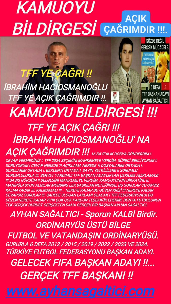 AyhanSagaltici's tweet photo. #KAMUOYU BİLDİRGESİ !!
@TFF_Or #TFF YE #AÇIK #ÇAĞRI !!!
#İBRAHİMHACIOSMANOĞLU NA
AÇIK ÇAĞRIMDIR !!!
16 #SAYFA LIK #DOSYA GÖNDERDİM !.
#CEVAP VERMEDİNİZ !.
#TFF2024 #SEÇİM İNİ #MAHKEME YE #VERDİM.
SÜRECİ BEKLİYORUM !.
#SORU YORUM!
CEVAP NEREDE ?! #AÇIKLAMA NEREDE ?!
DOSYA +++ https://t.co/yk3Eo0Pbbl