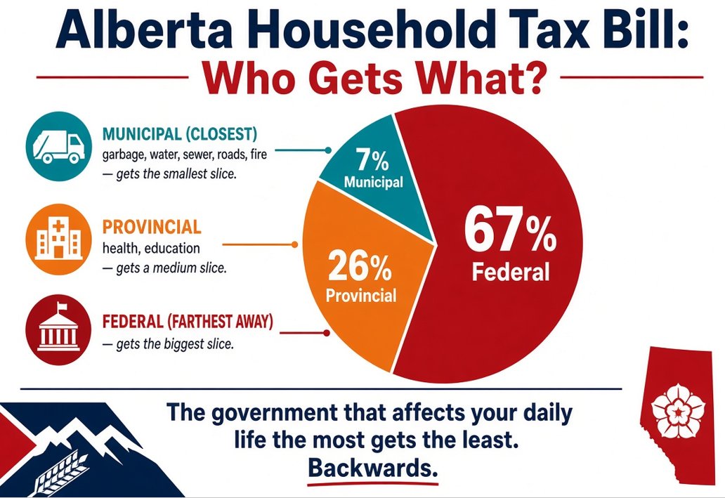 Martyupnorth's tweet photo. We're paying too much taxes to the wrong government.

For illustration purposes, the average Alberta family has a total income of $172,000 (Fraser Institutes, 2025).
  
Total tax bill: $65,000 (income taxes, GST, property taxes, payroll contributions like CPP & EI, fuel/excise taxes, etc.)

How are those taxes distributed?

Federal: $43,400 (~67%)
Provincial:  $17,000 (~26%)
Municipal:  $4,200 (–7%)

Note: Municipal is mostly property tax; the education portion of your property tax bill goes to the province. GST and most of CPP/EI land in the federal column. Numbers are rounded for clarity and are not precise for any individual household.

So the government that picks up your garbage, keeps your water running, maintains your roads, and shows up when your house is on fire gets about 7% of the average Alberta household’s total tax bill.

On the other side, the one that decides how much of your money goes to other countries, how the equalization formula works, and what the national carbon policy looks like,  gets roughly two-thirds.

That’s not a rounding error. That’s the system working exactly as designed.

Your local council has to balance its budget every year and answer for potholes and snow removal.  Ottawa can run deficits for decades and still tell Alberta it’s “not paying its fair share” while collecting the largest slice of the pie.  The province sits in the middle, running health care and education while also collecting education property tax on top of income tax.

It’s backwards. The decisions that hit your driveway tomorrow are funded by the smallest share of you money. The decisions that hit your paycheque for the rest of your life are funded by the largest share, and those decisions are made the farthest away.

An independent Alberta wouldn’t magically make every problem disappear. But it would at least put the biggest tax bill and the biggest decisions in the same place... closer to the people who actually live with the results.

An independent Alberta is the only path forward.