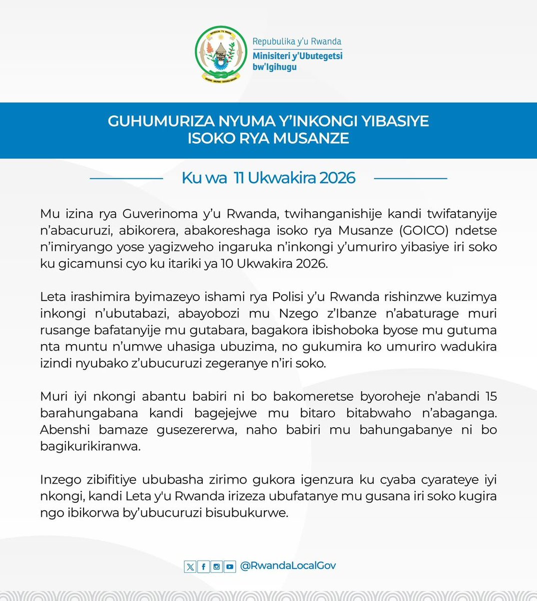 N42663Lambert's tweet photo. 🚨AMAKURU MASHYA🚨

Guverinoma y’u Rwanda yihanganishije abacuruzi n’abandi bose bagizweho ingaruka n’inkongi y’umuriro yibasiye isoko rya GOICO mu Mujyi wa Musanze, ku wa Gatandatu https://t.co/ANsP6nBDkd