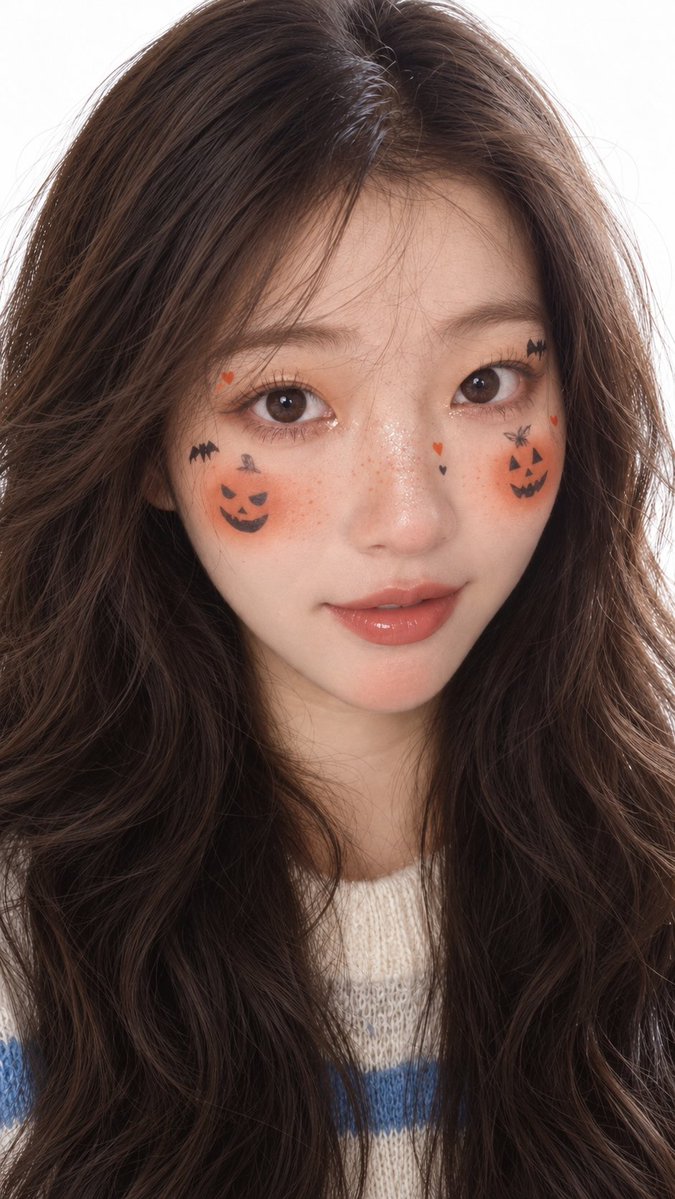 rnrnrn235851's tweet photo. 今年的万圣节，不想吓人，只想甜一点🎃

橘子汽水南瓜妆🎃
暖橘腮红、手绘小南瓜、鼻梁细闪、水光唇

AI生成，提示词放评论区了
用你自己的照片试试，记得回来给我看看～ https://t.co/4jB2KKmXhU