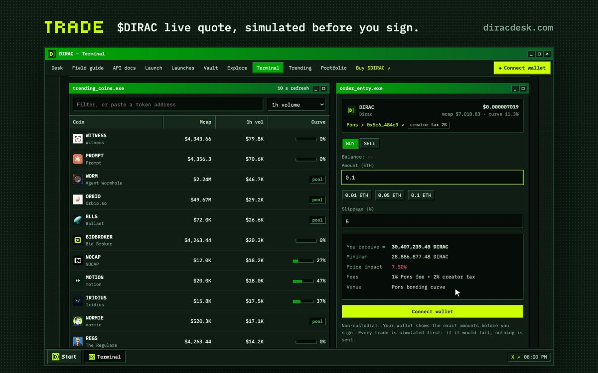 DiracDesk's tweet photo. $DIRAC trades from the Dirac terminal https://t.co/l1rt8XCpMX