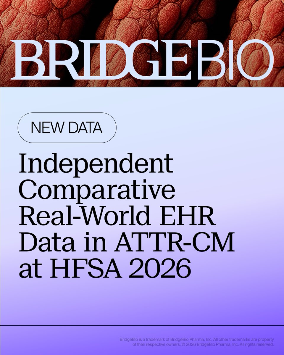 BridgeBioPharma's tweet photo. At #HFSA2026 in Phoenix, BridgeBio and independent investigators shared new real-world evidence and Phase 3 analyses in ATTR-CM. We're grateful to the investigators, clinicians and, above all, the patients and families whose participation makes this research possible. Learn more: https://t.co/Ciy6u3KxjN