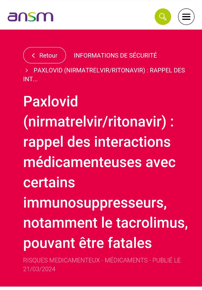 JMePromeneIci's tweet photo. @sethmassilia @lmpgbxl @MarcMarseillais @VBaudoux @lonnibesancon @ansm Vous voulez donc un médicament universel qu'on peut donner à tout le monde ?

Il faut donc rayer le Paxlovid du Vidal, car il peut entraîner la mort chez des personnes greffées qui prennent du tacrolimus.

Ah, 
ou alors à ceux-là (mais pas aux cardiaques) on donnera HCQ + TZB. https://t.co/hmy9sxGb1T