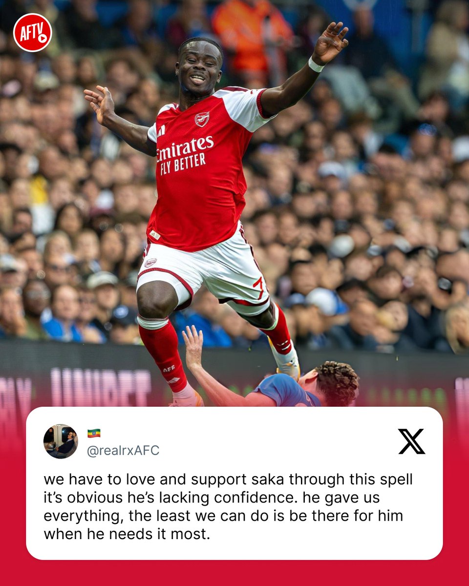 AFTVMedia's tweet photo. Bukayo Saka carried this club on his back when times were tough, and now it’s our turn to stand firmly behind our Starboy.

Back him to bounce back stronger than ever! 🔋👊 https://t.co/3iH5h2vnWO
