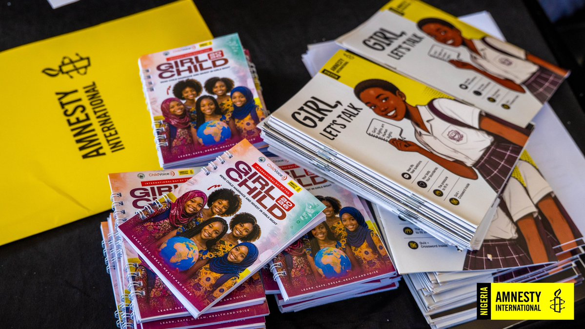 AmnestyNigeria's tweet photo. Today, girls in Yola showed us what #LetGirlsBeGirls looks like: learning their rights, speaking their minds, and dreaming big. On #DayOfTheGirl, we call for an end to child marriage and investment in girls' rights. #IDGC2026 https://t.co/uI0b2Gs7c2