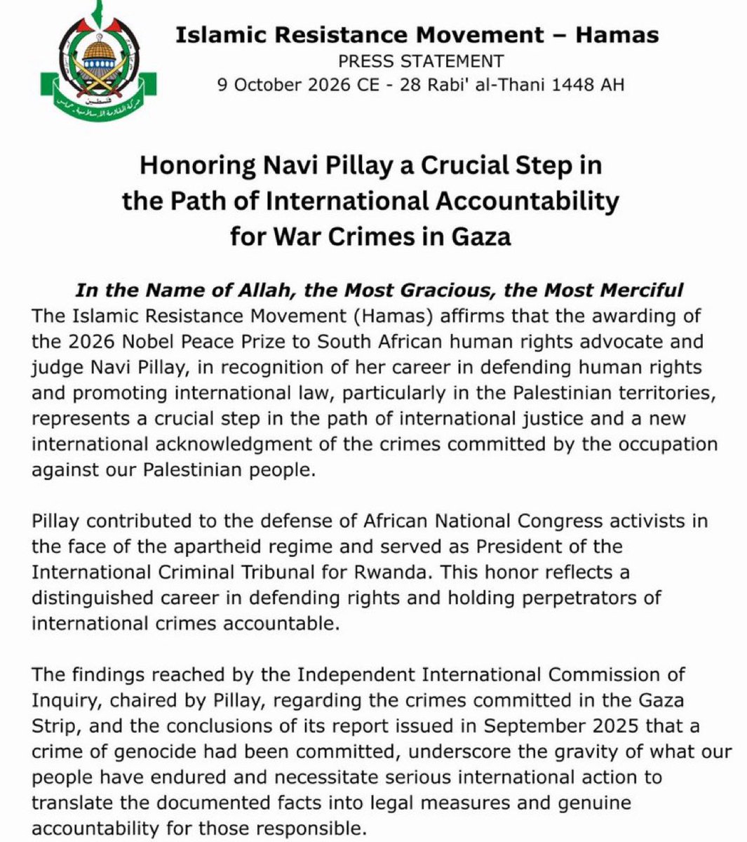 LauraLoomer's tweet photo. BREAKING:  

Hamas just issued a statement in support of Navi Pillay, the recipient of the Nobel Peace Prize. 

The Nobel Peace Prize is a joke. https://t.co/uxqRMPQ6I5