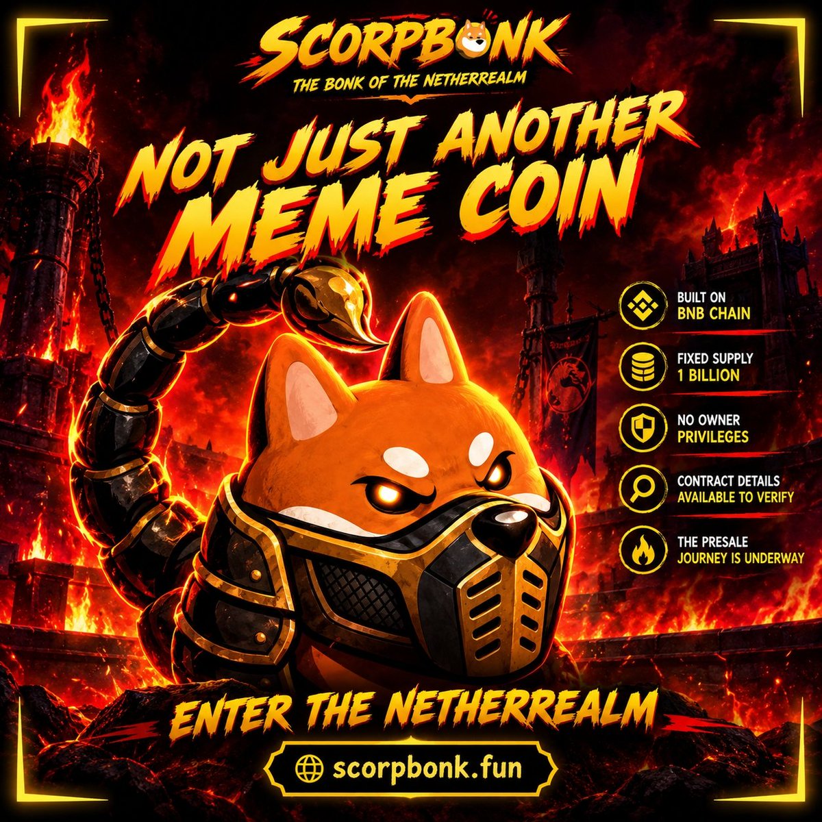 ScorpBonk's tweet photo. 🦂🔥 ENTER THE NETHERREALM.

⚔️ Built on BNB Chain
💀 Fixed 1 BILLION token supply
🔍 Contract details available to verify
🥊 The presale journey is underway.

No fake hype. No guaranteed promises. 

THE ARENA IS OPEN.

🌐 https://t.co/q9D6UahDmN

#SCORPBONK #BNBChain #MemeCoin https://t.co/Dq7Qqa1kMV