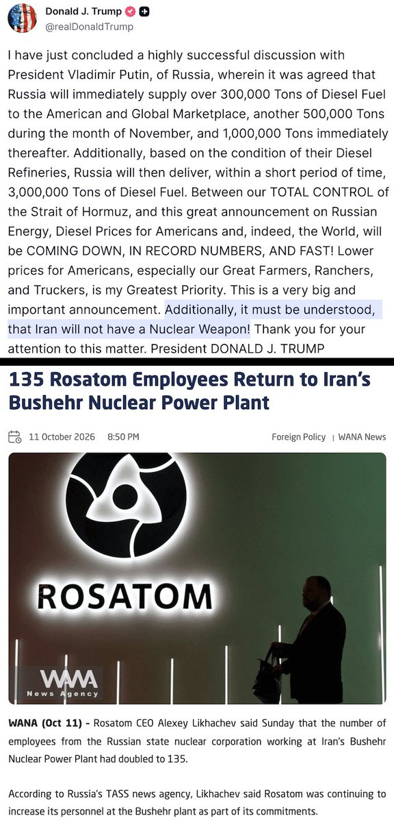 maria_drutska's tweet photo. Trump: "I made a deal with Putin for diesel! Iran will not have a nuclear weapon!"

Putin: sends 135 Rosatom employees to help Iran's Bushehr nuclear power plant

Trump really is just a complete sucker, isn't he? The strategic weakness he displays to the world is truly stunning. https://t.co/N67iDDt6go