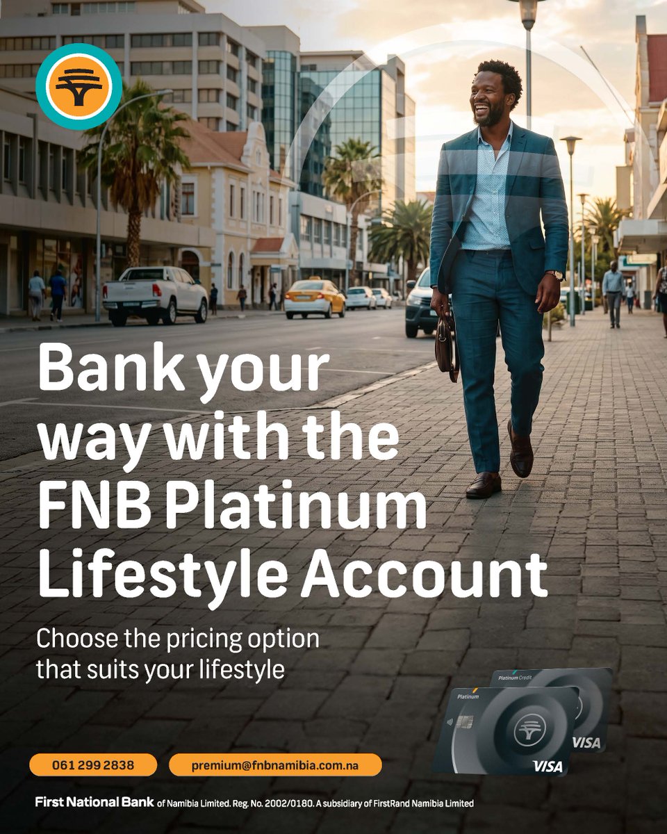 FNBNamibia's tweet photo. Choice means paying for Platinum in a way that reflects how you bank. 

Consider how often you bank, where you complete most of your transactions and the services you use in an average month, then choose the option that gives you the right balance of flexibility and value. 

Contact 061 299 2838 or premium@fnbnamibia.com.na for help choosing your pricing option. 

#GoPlatinum #FNBNamibia #HelpChangesEverything