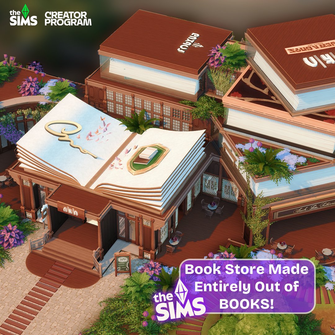 TheKateEmerald's tweet photo. I built a Sims 4 Book Store Made ENTIRELY Out of BOOKS! ID: KateEmerald Lot: Book Store By Kate | No Custom Content Used! The book in the front is made out of roofs and I used some debug books, too! #Sims4 #TheSims4 #Simspartner https://t.co/8z3NZJBzEd