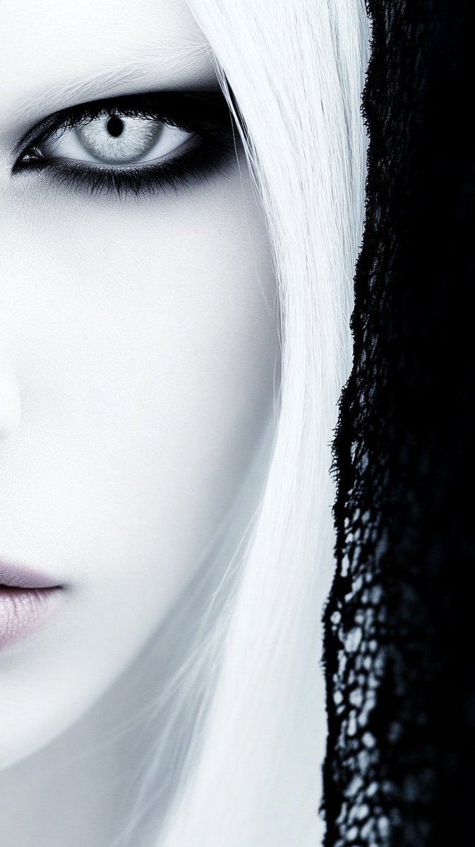 FBD_Agency's tweet photo. A pale eye, smoky black makeup, and white hair beside textured lace. This tightly cropped portrait finds its quiet intensity between softness and severity.
#Art #GothicBeauty #WhiteHair #BlackLace https://t.co/eayBHfPJtN