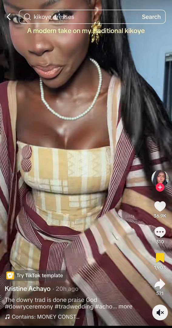 ibidunniOodua's tweet photo. Don’t be disingenuous. The girl literally said this is a modern take on her typical traditional Kikoye attire meaning she used Aso Ofi instead of typical Kikoye material. 
Frame 1 - the Ugandan girl in Aso Ofi 
Frame 2, 3, 4 - the typical Kikoye material https://t.co/Ctypr91T42