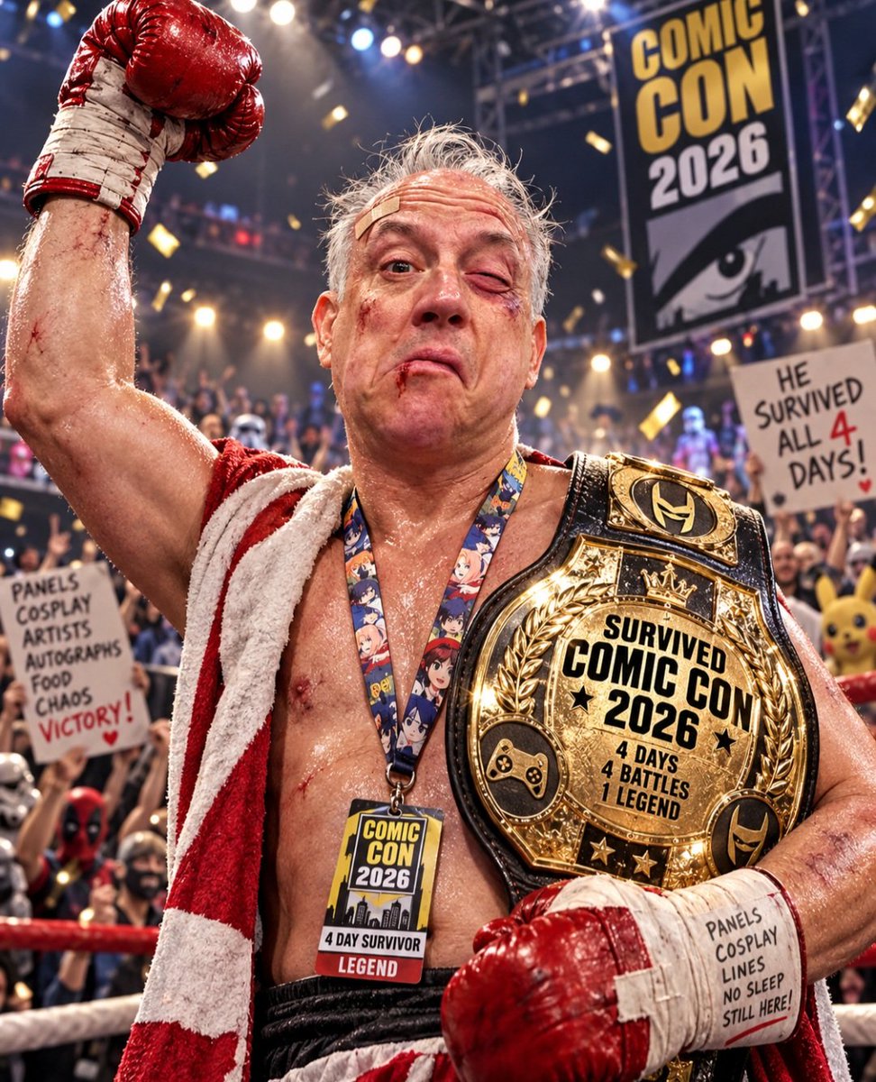 KBStudioNYC's tweet photo. Four days of #ComicCon2026 .
I fought the lines.
I survived the crowds.
I took repeated damage from concrete floors, fluorescent lighting, bad food decisions, and conversations that somehow lasted 45 minutes.
Lost one eye somewhere around Day 3.
Still standing.
Champion by technicality. 🥊🏆