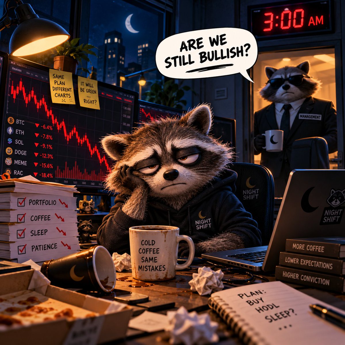 Night_Shiftinc's tweet photo. It's 3 AM. Your portfolio is red. Your coffee is cold.

Management asks: "Are we still bullish?"

What's your answer? 🦝☕🌙

#NIGHTSHIFT https://t.co/FPhqzg9F7C