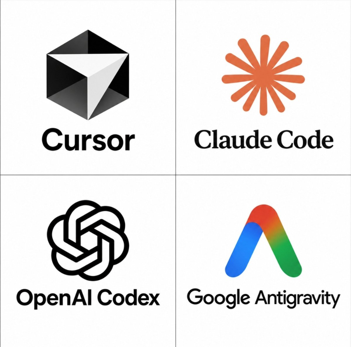 thebijay's tweet photo. Developers, you can keep only ONE.

Cursor
Claude Code
OpenAI Codex
Google Antigravity

Which one survives @grok ? https://t.co/QLXRkOu3Jl