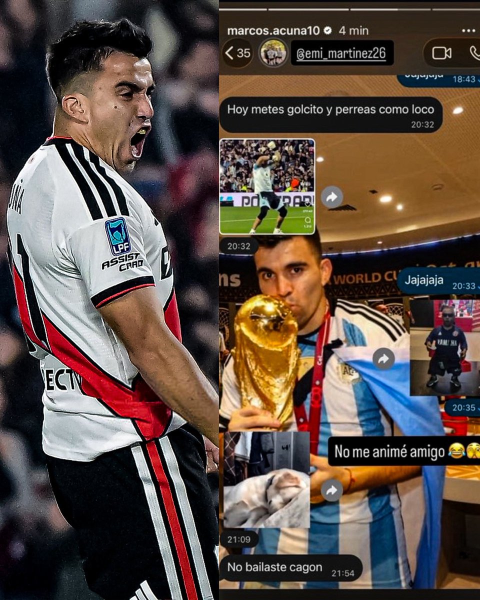 DeportesAlTacok's tweet photo. 😅🇦🇷 Los MENSAJES del DIBU MARTÍNEZ a Marcos ACUÑA antes y luego de su GOL contra #EstudiantesRC:
“HOY METÉS GOLCITO Y PERREÁS CÓMO LOCO”, “NO BAILASTE CAG*N”. https://t.co/dbcOuzVuJI