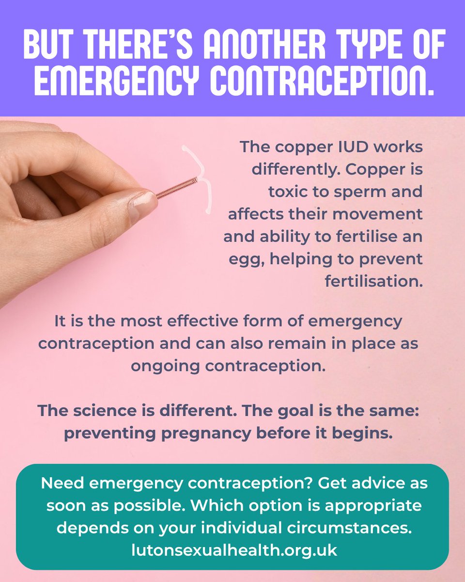 LutonSH's tweet photo. Emergency contraceptive pills mainly work by preventing or delaying ovulation, so there’s no egg available for sperm to fertilise.

The copper IUD works differently, using copper to affect sperm and prevent fertilisation.

#Luton #LutonSexualHealth #EmergencyContraception https://t.co/xOTELcHL21