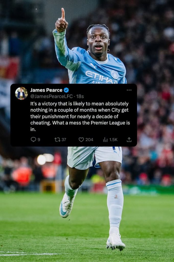 theonlyson216's tweet photo. 🚨 𝗡𝗘𝗪: Liverpool reporter James Pearce with a BIG statement after Manchester City scored the 3-0. https://t.co/q6fqOf32N7