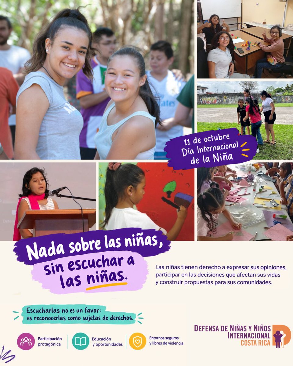 dnicostarica's tweet photo. Este #11DeOctubre, Día Internacional de la Niña, recordemos: sus voces importan. Escucharlas y garantizar su participación es reconocerlas como sujetas de derechos.
Desde DNI Costa Rica trabajamos por una sociedad que respete sus voces y derechos.
#DDHH #DNICR #Niñas https://t.co/DF9xCGdf48