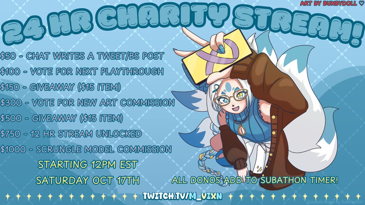 M_Vixxxnnn's tweet photo. HELLO HELLO! ✨

So excited to finally share WE'RE #CHARITY STREAMING NEXT SATURDAY!

We're raising money for cancer research in honor of my Mom who passed away from cancer. We'll be doing a 24 hr stream (my first ever)!

I'm super excited, and a bit nervous, but we're gonna have a great time! 💙🎗️