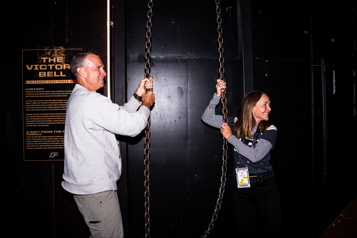 JohnPurdueClub's tweet photo. The sound of victory 🔔 

Dave and Jacque Owens helped bring Purdue’s historic Victory Bell back to Ross-Ade Stadium.

Last night, after the Boilermakers defeated Minnesota, they were there to ring it themselves. 

@BoilerFootball x #BoilerUp 🚂 https://t.co/qC89TR1HGm