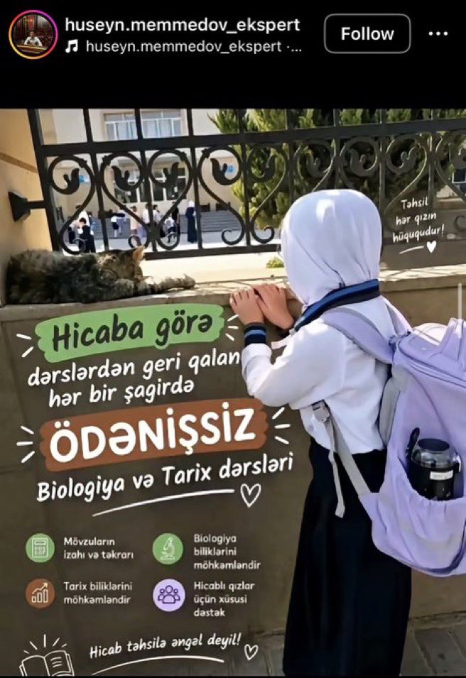elifideali's tweet photo. 🔴 Azerbaycan’da öğretmenler, başörtüsü yasağı nedeniyle okula gidemeyen öğrenciler için ücretsiz özel ders kampanyası başlattı. https://t.co/fKuG4uo2qs