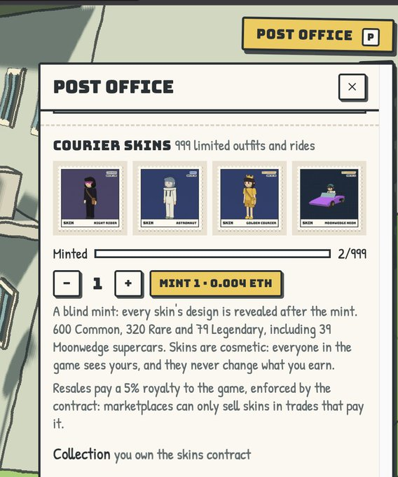 PlayCourierWld's tweet photo. 👕 Courier Skins are live!

999 limited outfits and rides to wear in Courier World
• Blind mint: 0.004 ETH
• 600 Common · 320 Rare · 79 Legendary
• 39 Moonwedge supercars 🏎️

Everyone on the planet sees your skin.

Mint in the Post Office 👉 https://t.co/YzR4fT7EqI https://t.co/AbFlekF4Hx
