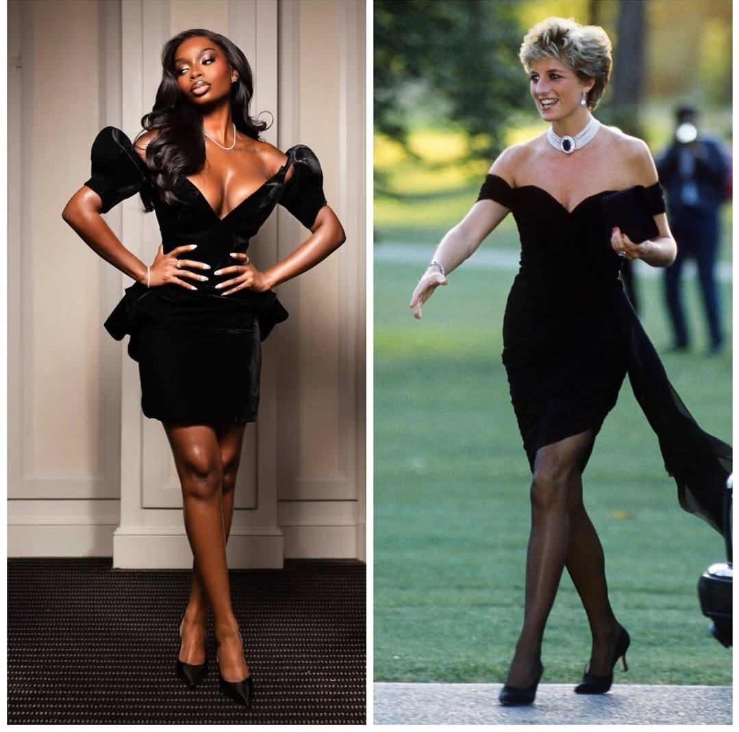 Stephen53495741's tweet photo. I hate this is known as a "Revenge" dress. This is a dress of Resilience and Renaissance. Two beautiful dynamic women at a point in their lives where they were (are) being denigrated and attacked relentlessly, yet had the courage to stand tall in defiance. Let's change the narrative of this dress💓💗💓