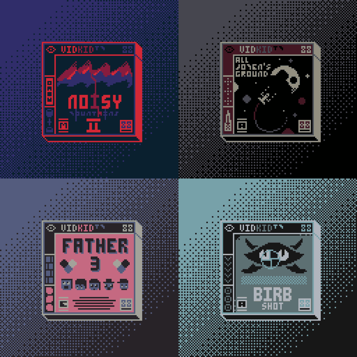 SeeOneGames's tweet photo. 4 #VidKid Games
[Fake console]

Noisy Mountains 2 
All Women's Ground 
Father 3 
BirbShot

#pixelart #art https://t.co/kz1vWv36DJ