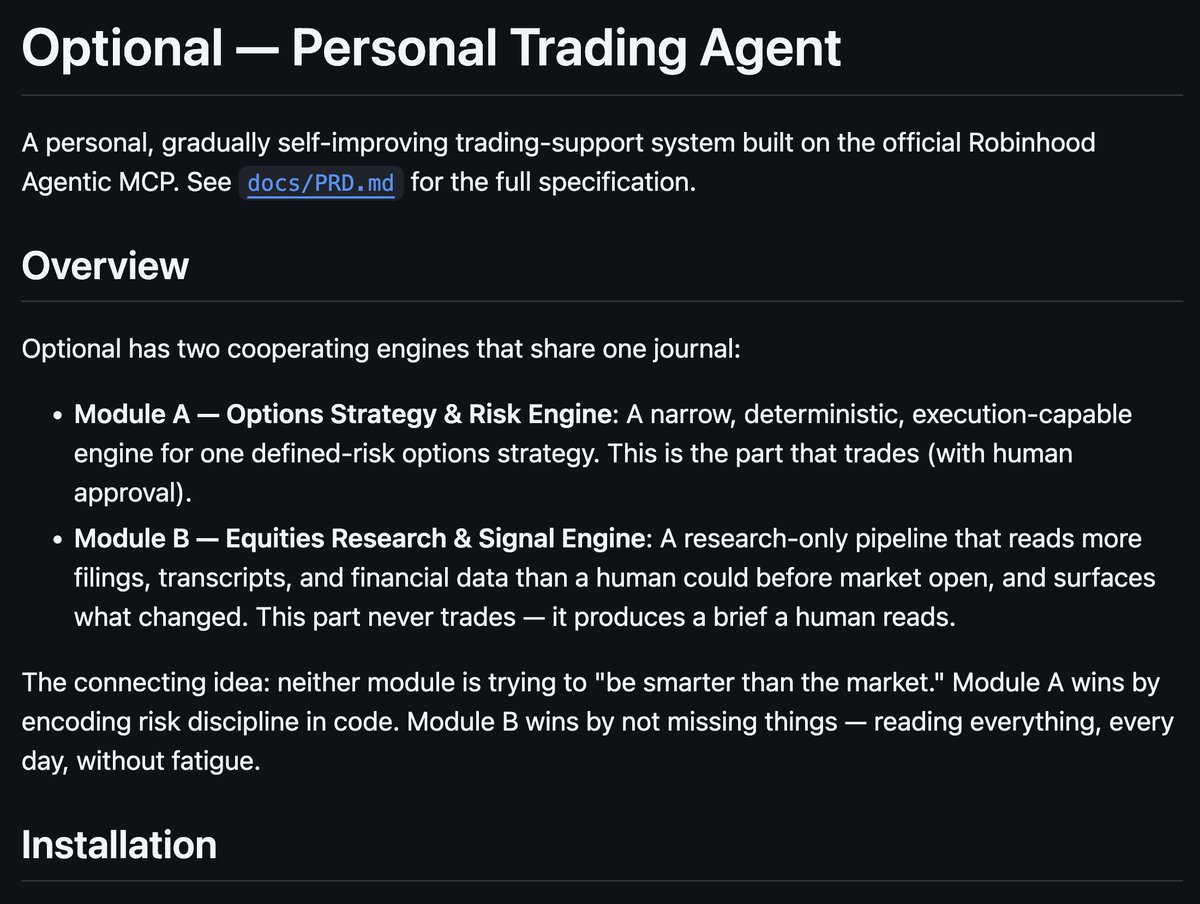 diopfode's tweet photo. Dropping this coming week  🚀

Optional - A personal, gradually self-improving trading-support system built on the official Robinhood Agentic MCP @RobinhoodApp 👀 https://t.co/uuLUkMCIaq