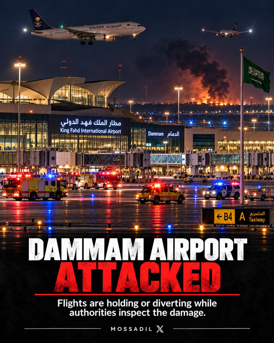 MOSSADil's tweet photo. 🚨 BREAKING: DAMMAM AIRPORT ATTACKED
Saudi Arabia’s General Authority of Civil Aviation says King Fahd International Airport in Dammam was attacked this evening.

Flights are currently holding in the air or diverting to alternate airports while authorities inspect the airport and assess possible damage.

Reuters also reports that the Houthis have claimed attacks targeting Dammam and other Saudi locations as the campaign against the Kingdom escalates.