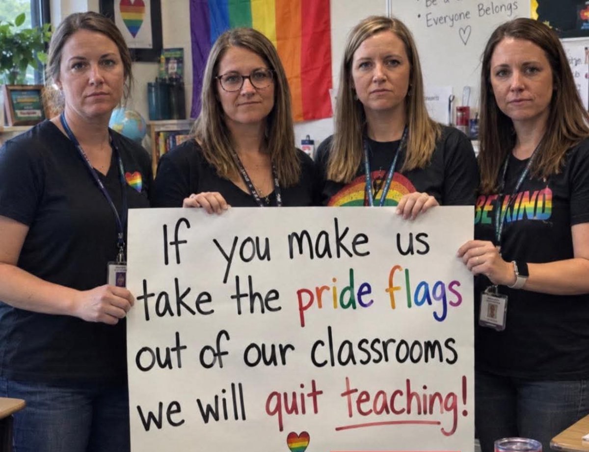 Emmaiid11's tweet photo. Teachers Threaten To Quit:

If you make us take the pride flags out of our classrooms we will quit teaching. https://t.co/cfsEg6FLZA