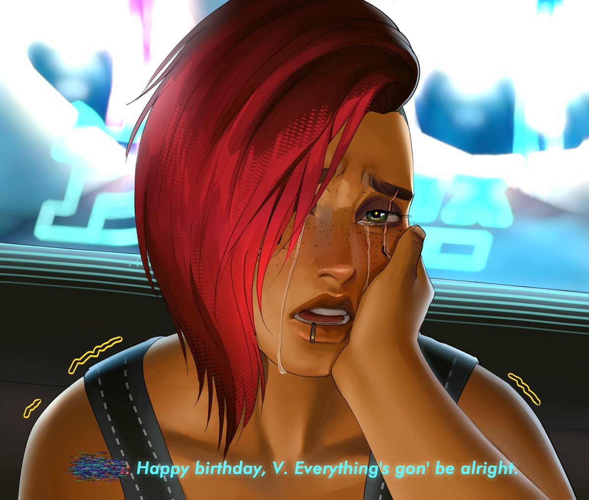 lebwlolz's tweet photo. you're scared, you're anxious, and i understand that. everything's gonna be alright... happy birthday V.
#Cyberpunk2077 https://t.co/RwHuPWqt8D