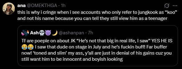 howlingot7's tweet photo. how the fuck is calling someone a nickname = you view them as a teenager?????? WHAT???? yet you literally call tae "tete" all the time, but that's okay ig

and DON'T hit me up with "he calls himself that" and jungkook literally called himself gugu, kookoo, kookie, jungkookie https://t.co/tKBU9Zjt7I