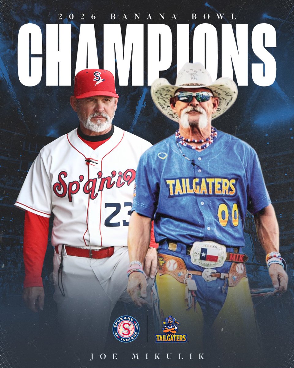 spokaneindians's tweet photo. The Man. The Mik. The Legend.
Congrats to Joe Mikulik and the Texas Tailgaters on winning the inaugural Banana Bowl! 🏆🍌 #GoSpo https://t.co/LNoyQZqTkU