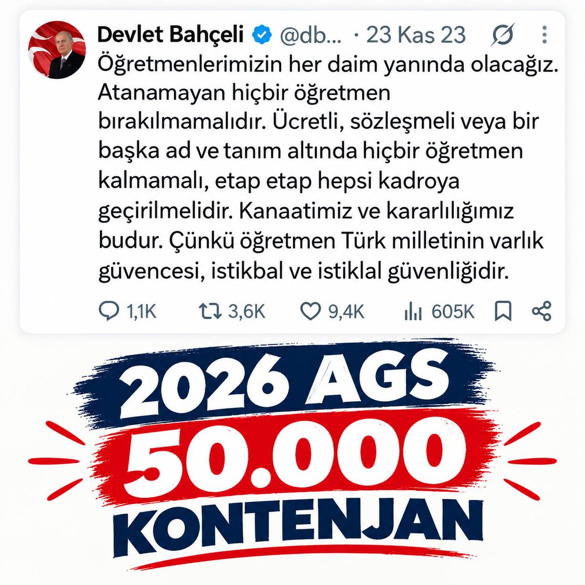 ingilizceye5bin's tweet photo. @edipuzen Maarif ordusunun haklı mücadelesine meclis omuz vermeli şuuruyla Sayın DEVLET BAHÇELİ. Sizin desteğiniz güçlüdür, 2026 AGS ile adil branş dağılımlı 50 bin kontenjan. @dbdevletbahceli @PrfDrFilizKilic @MhpTbmmGrubu @benguturktv #TürkmenbeyiAgs50Bin https://t.co/IaGkQscd9L