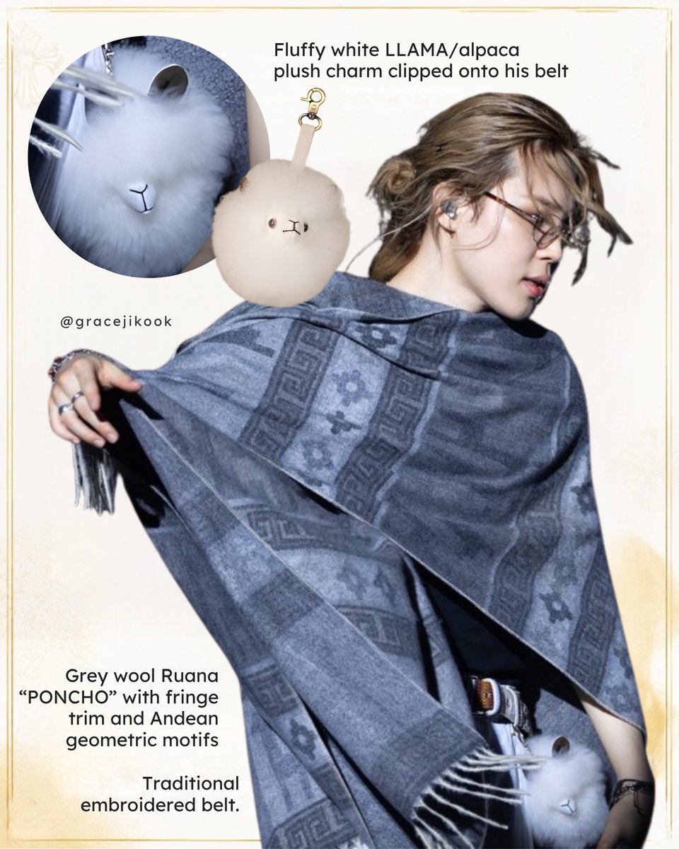 gracejikook's tweet photo. Obsessed with Jimin’s cute look here 🥹🫠 
Grey wool Ruana "PONCHO" with fringe trim and Andean geometric motifs. 
Fluffy white "LLAMA"/alpaca plush charm clipped onto his belt. 
Traditional embroidered belt. https://t.co/inovDnbns5